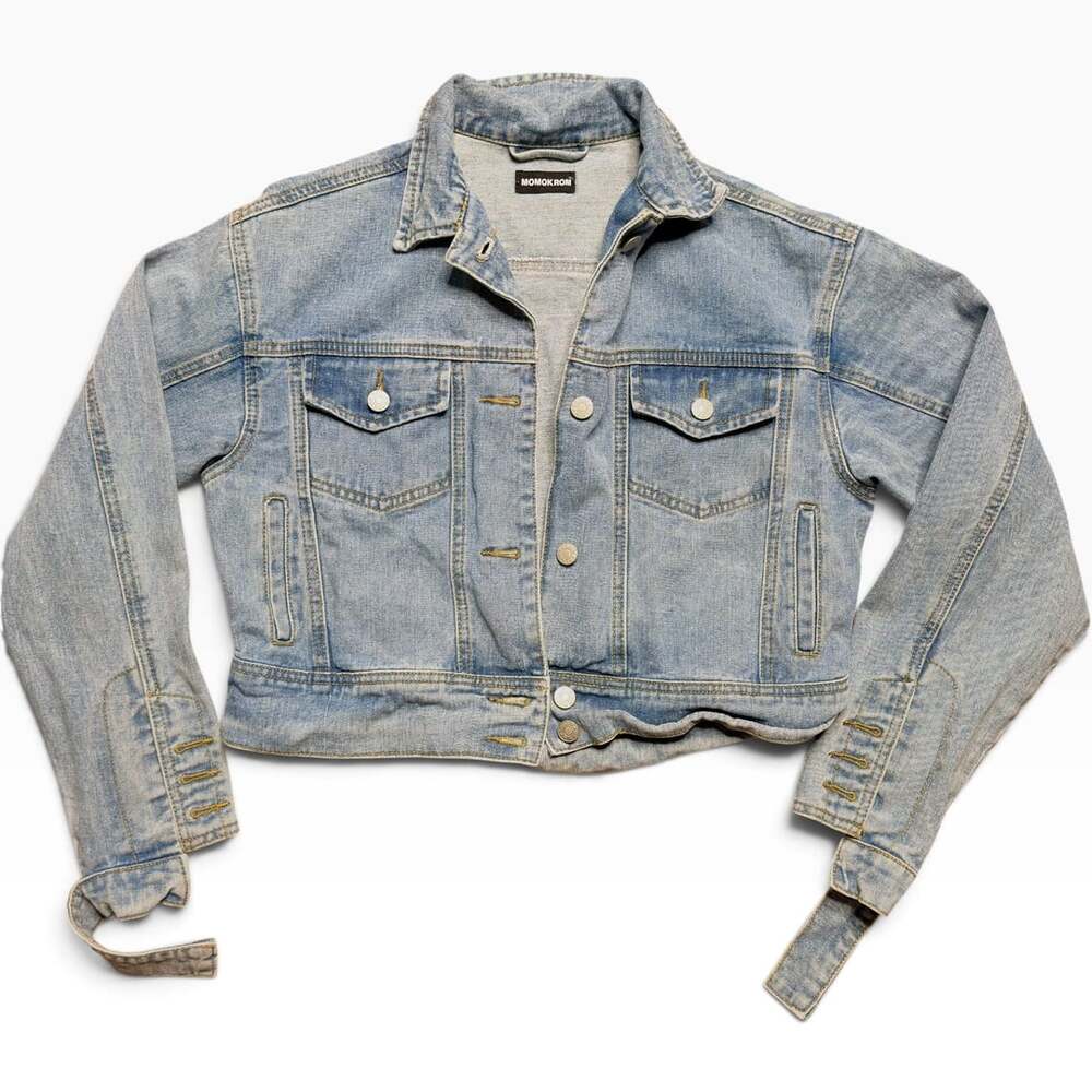 Momokrom Light Blue Denim Jacket Crop Distressed Long Sleeve